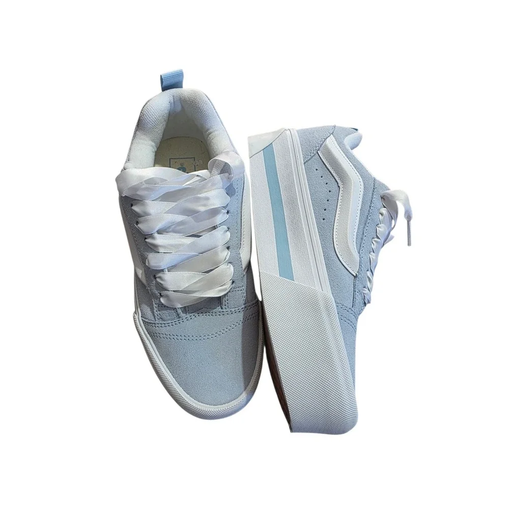 Vans Old Skool Stackform Light Blue Suede Ribbon Lace Platform Sneakers Womens